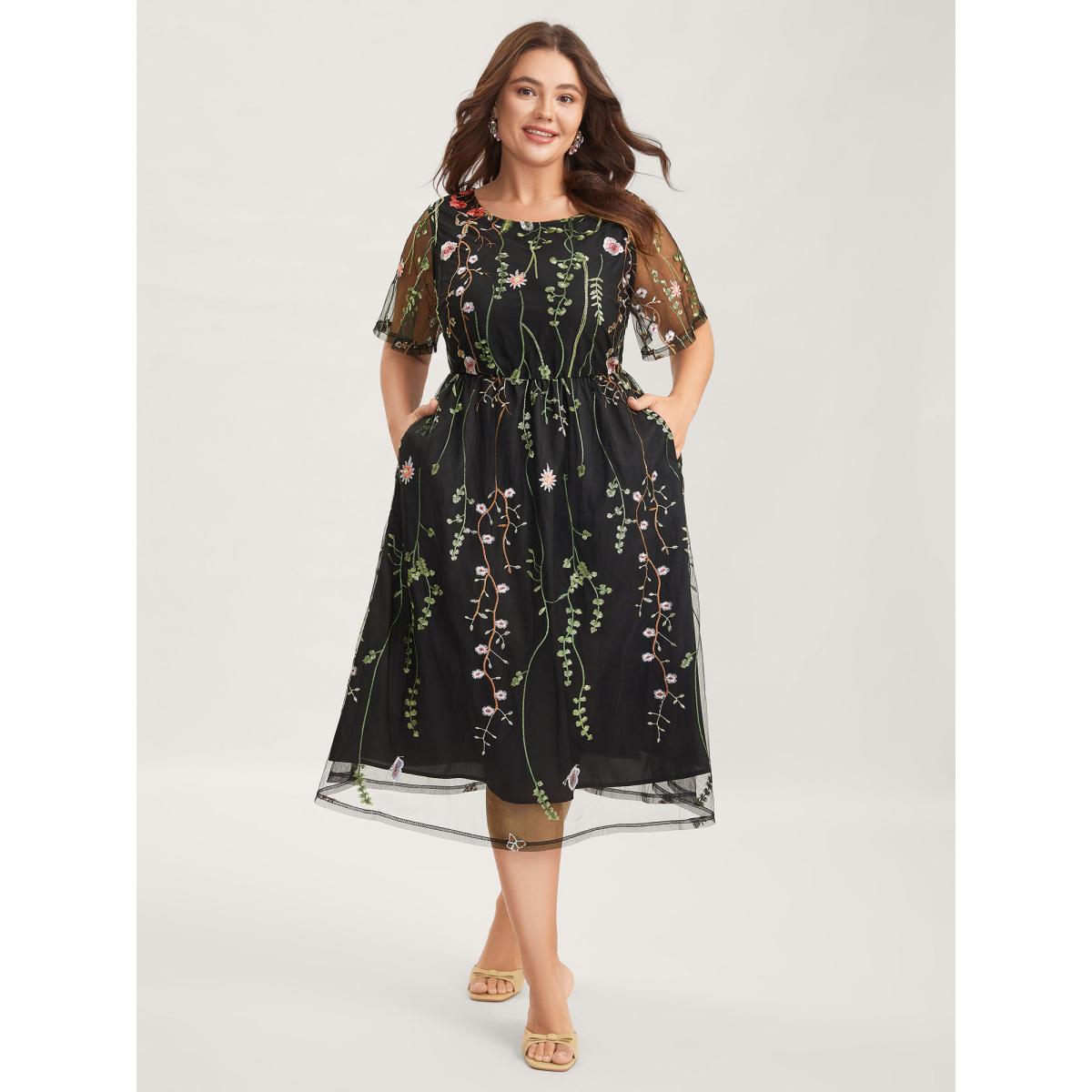 Plus Size Plant Embroidery Sheer Cinched-Waist Midi Dress Black Women Round Neck Short sleeve Curvy BloomChic 14-16/1X Product Image