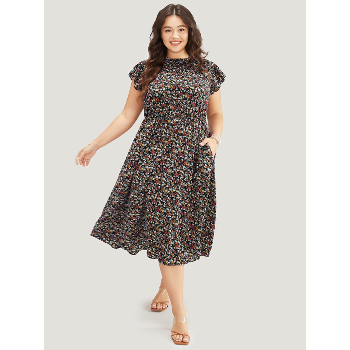 Plus Size Ditsy Floral Ruffle Sleeve Pocket Frill Trim Mock Neck Dress Black Women Elegant Pocket Mock Neck Half Sleeve Curvy Midi Dress BloomChic 26/4X Product Image