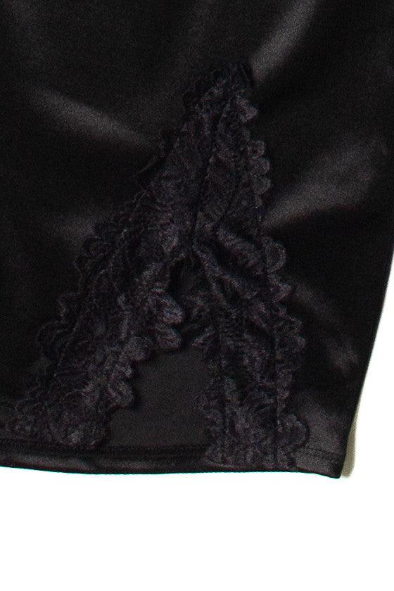 Black Lace Trim Satin Slip Dress Product Image
