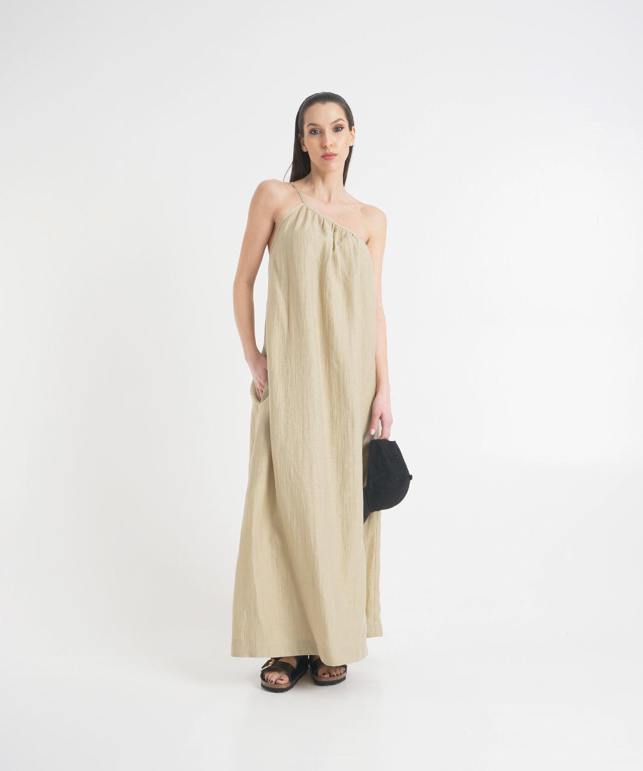 Asymmetrical maxi dress in linen Product Image