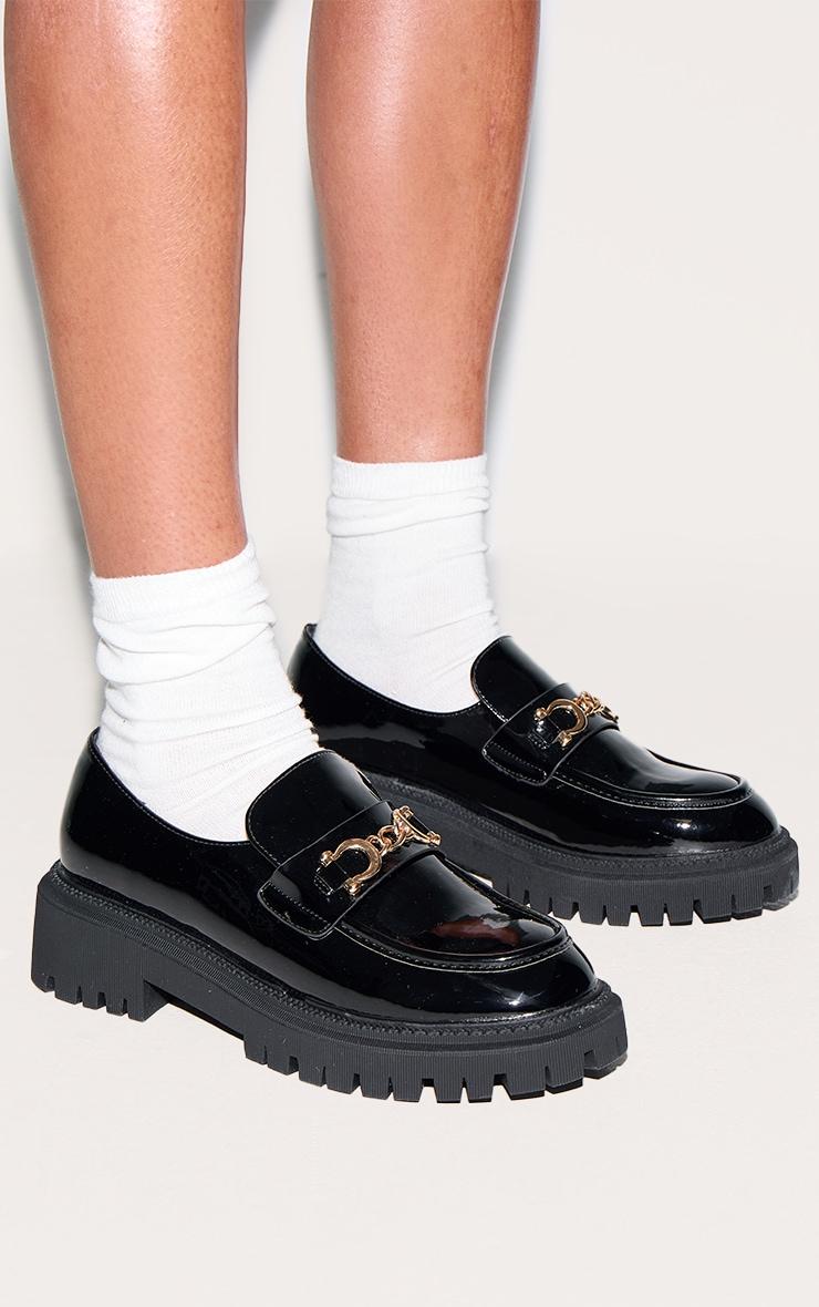Black PU Round Toe Chunky Sole Chain Loafers Product Image