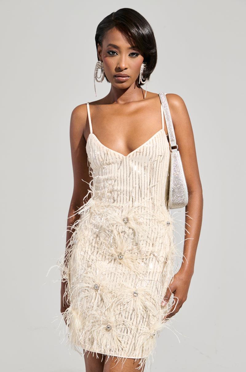 GLITZ AND GLAM FEATHER MINI DRESS Product Image