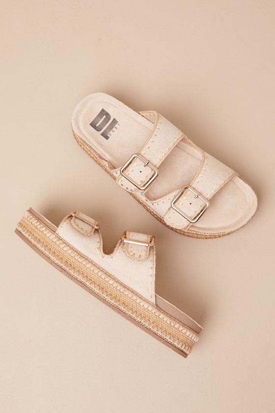 Cubana Natural Suede Raffia Platform Buckle Slide Sandals Product Image
