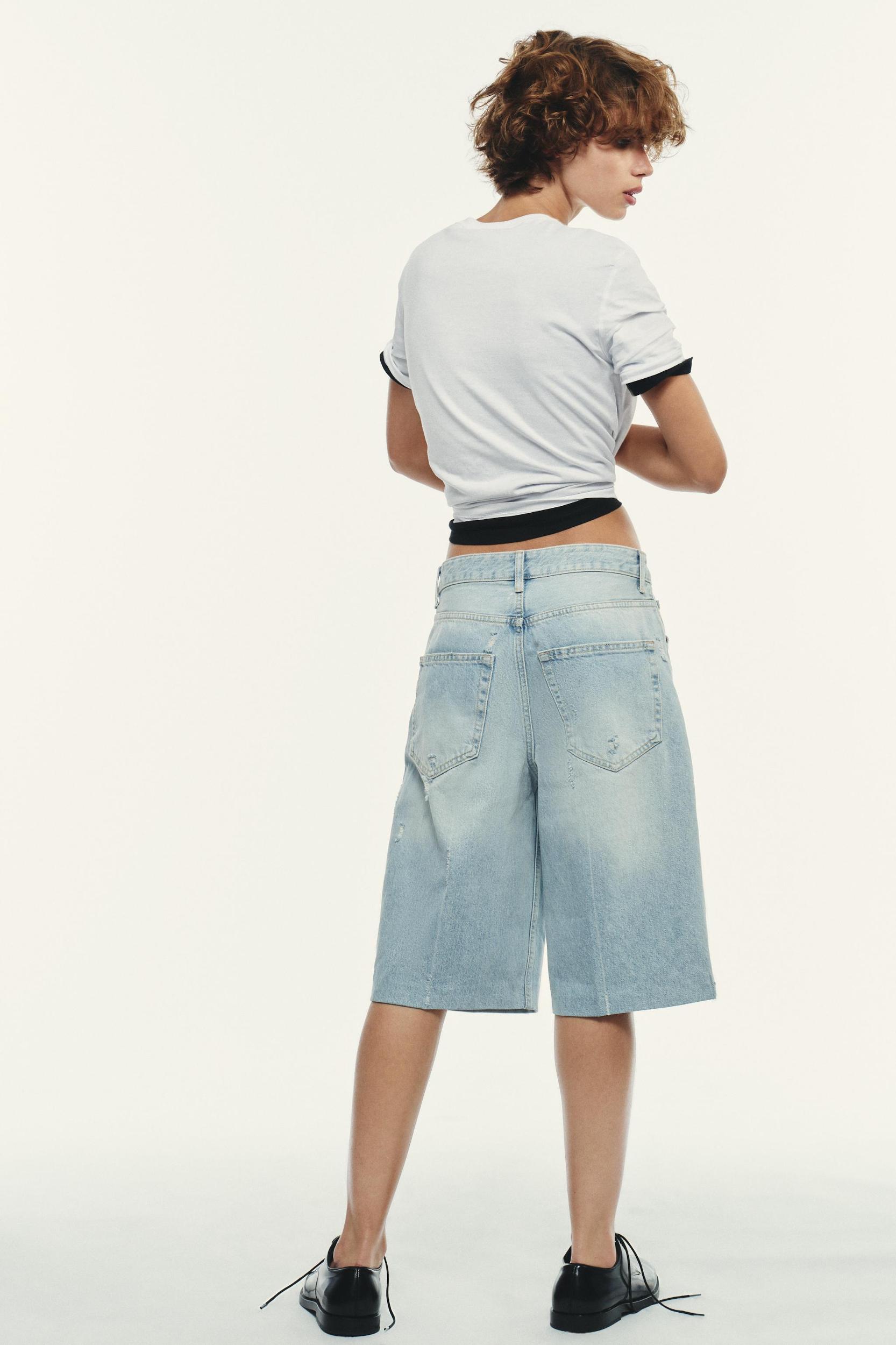 RIPPED MID-RISE TRF DENIM JORTS Product Image
