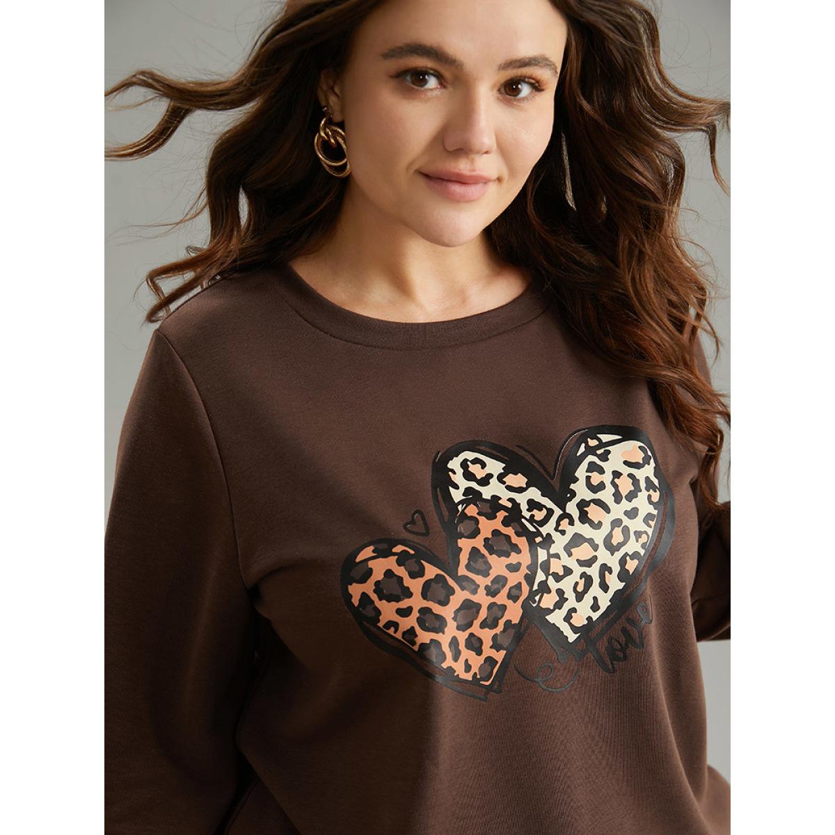 Plus Size Heart Leopard Round Neck Sweatshirt Women DarkBrown Casual Printed Dailywear Sweatshirts BloomChic 14-16/1X Product Image