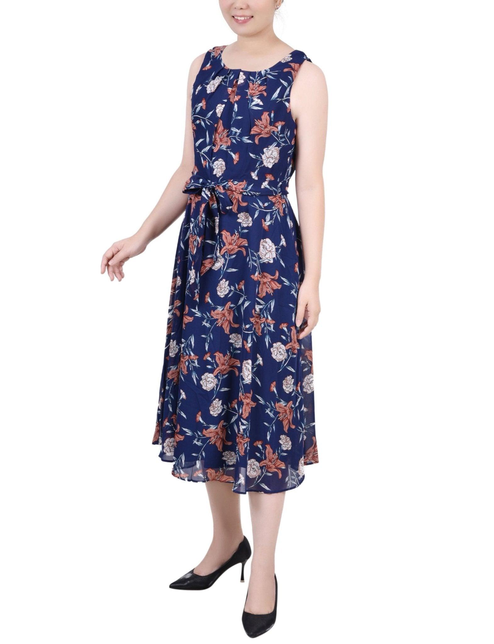 Navy Floral Sleeveless Chiffon Belted Dress - Petite Product Image