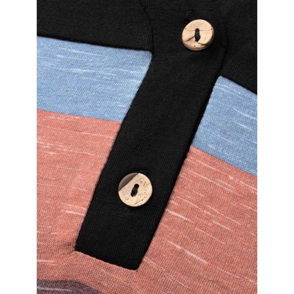 Plus Size V Neck Colorblock Contrast Button Up T-shirt Black Women Casual Contrast V-neck Everyday T-shirts BloomChic 26/4X Product Image