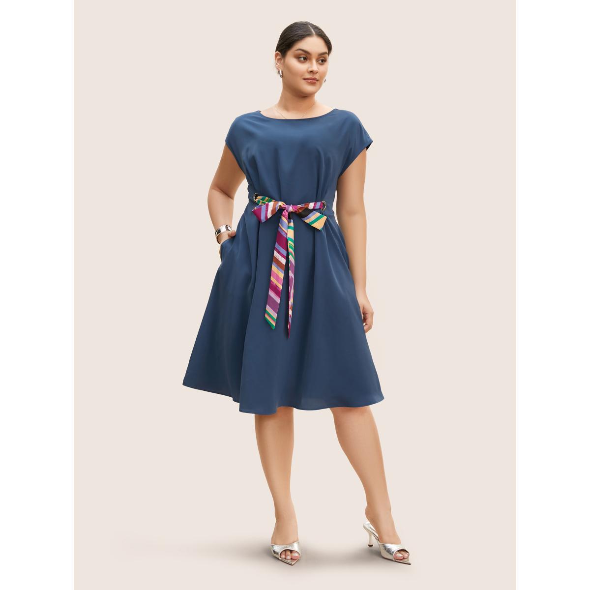 Plus Size Round Neck Striped Tie Knot Cap Sleeve Dress DarkBlue Women At the Office Tie knot Round Neck Cap Sleeve Curvy BloomChic 12/L Product Image