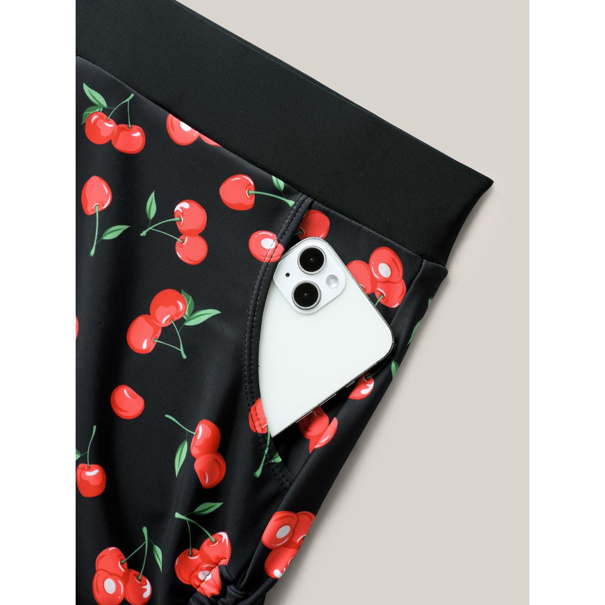 Plus Size Cherry Print Adjustable Drawstring Swim Bottoms Women's Swimwear Black Resort Drawstring High stretch Skinny High Rise Curve Swim Bottoms BloomChic 18-20/2X Product Image