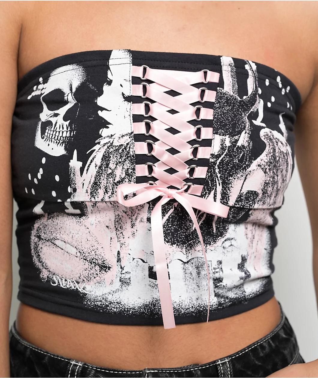 SWIXXZ Black & Pink Lace Up Tube Top Product Image