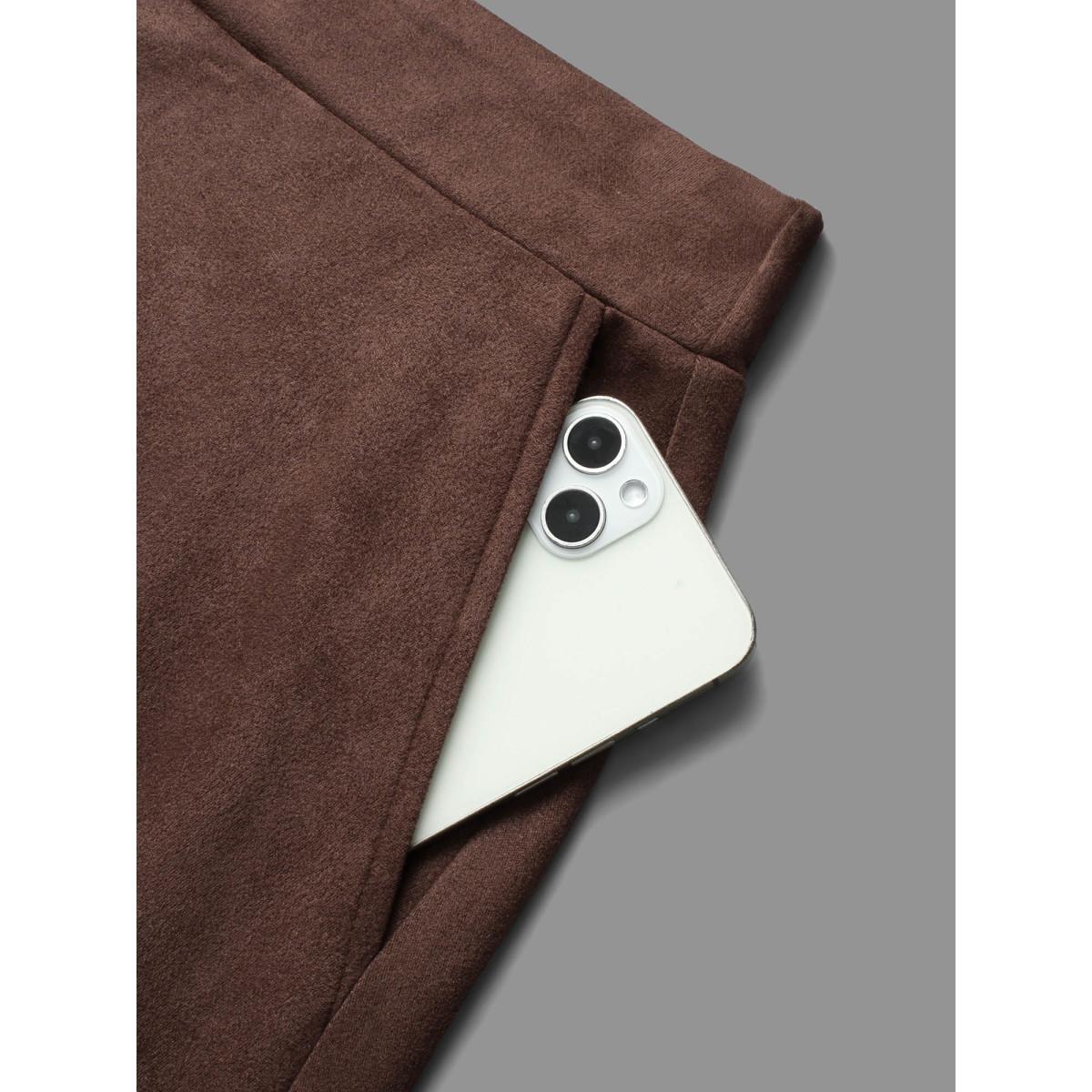 Plus Size Faux Suede Button Detail Pocket Skirt Women DarkBrown Elegant Button Loose Low stretch Slanted pocket Everyday Skirts BloomChic 28/5X Product Image