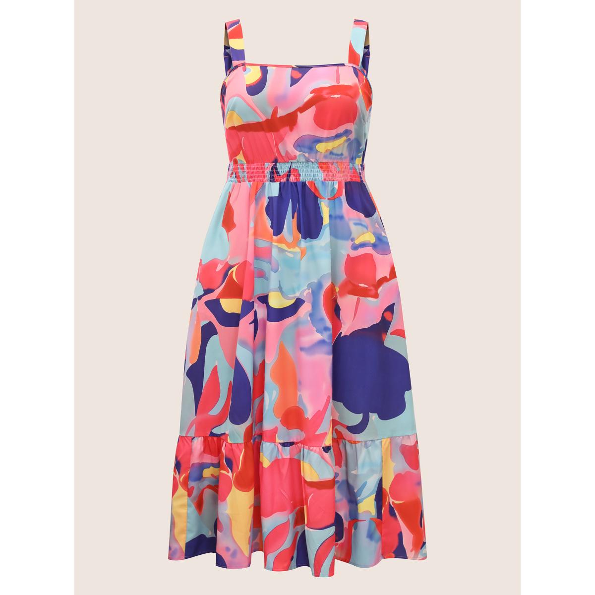 Plus Size Square Neck Watercolor Floral Shirred Cami Dress Peach Women Elegant Shirred Square Neck Sleeveless Curvy BloomChic 26/4X Product Image