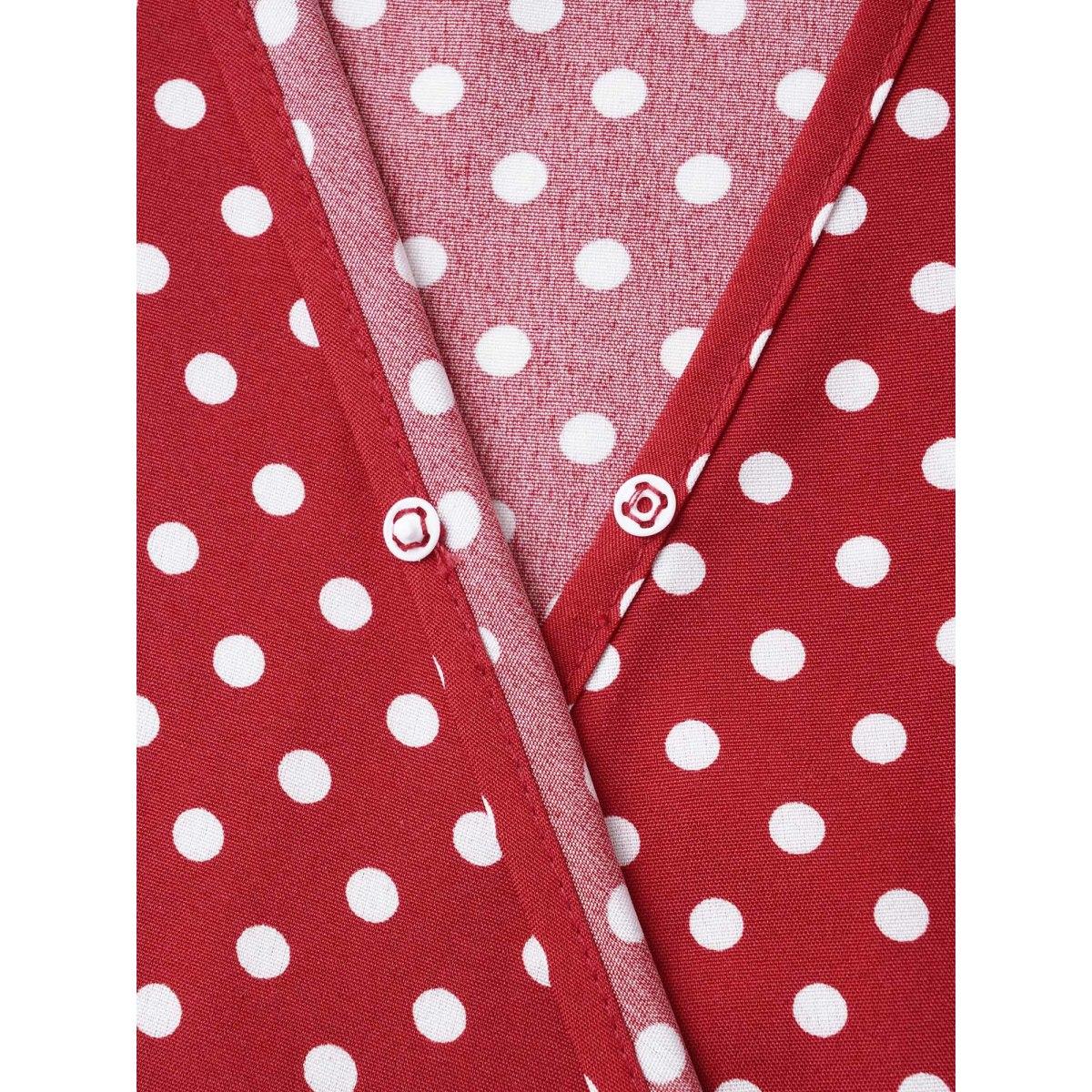 Plus Size Polka Dot Wrap Ruffle Sleeve Tie Knot Dress Crimson Women Workwear Essentials Tie knot Overlap Collar Short sleeve Curvy BloomChic 10/M Product Image