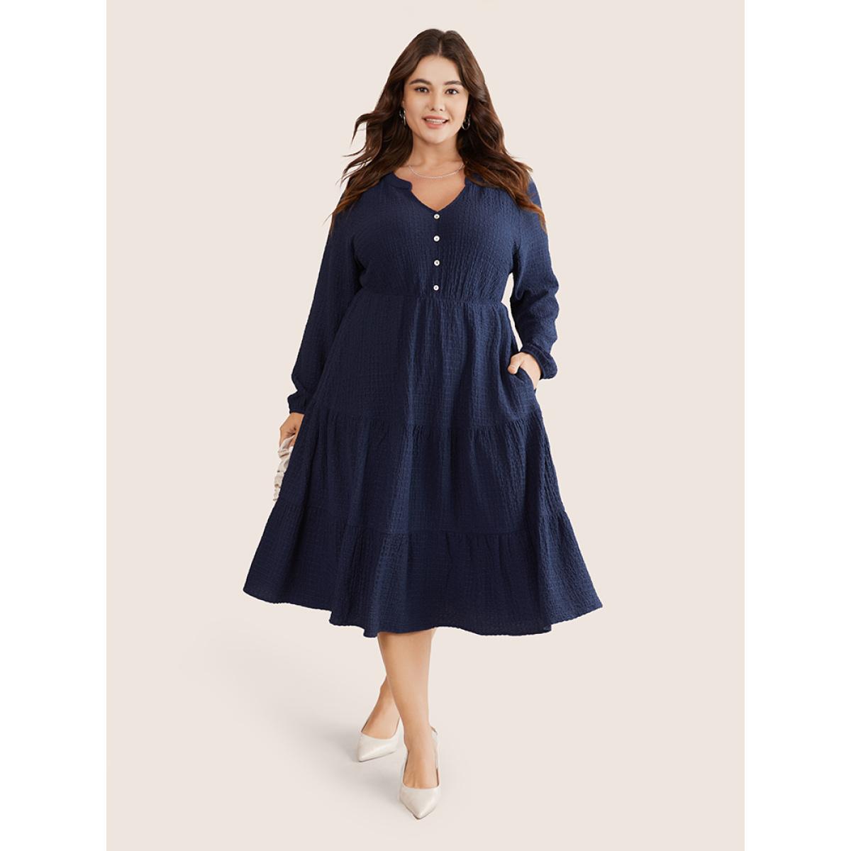 Plus Size Notched Button Detail Ruffle Layered Hem Dress Midnight Women Office Elastic cuffs Notched collar Long Sleeve Curvy Midi Dress BloomChic 18-20/2X Product Image
