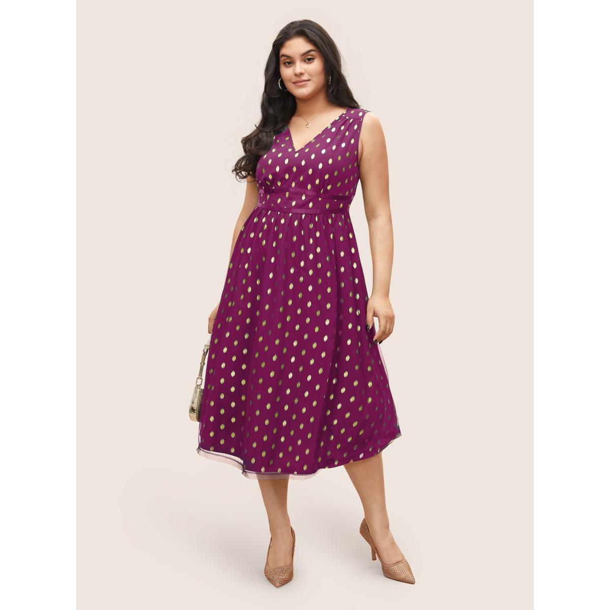 Plus Size Glitter Polka Dot Pocket Patchwork Tank Dress RedViolet Women Cocktail Non V-neck Sleeveless Curvy Midi Dress BloomChic 12/L Product Image
