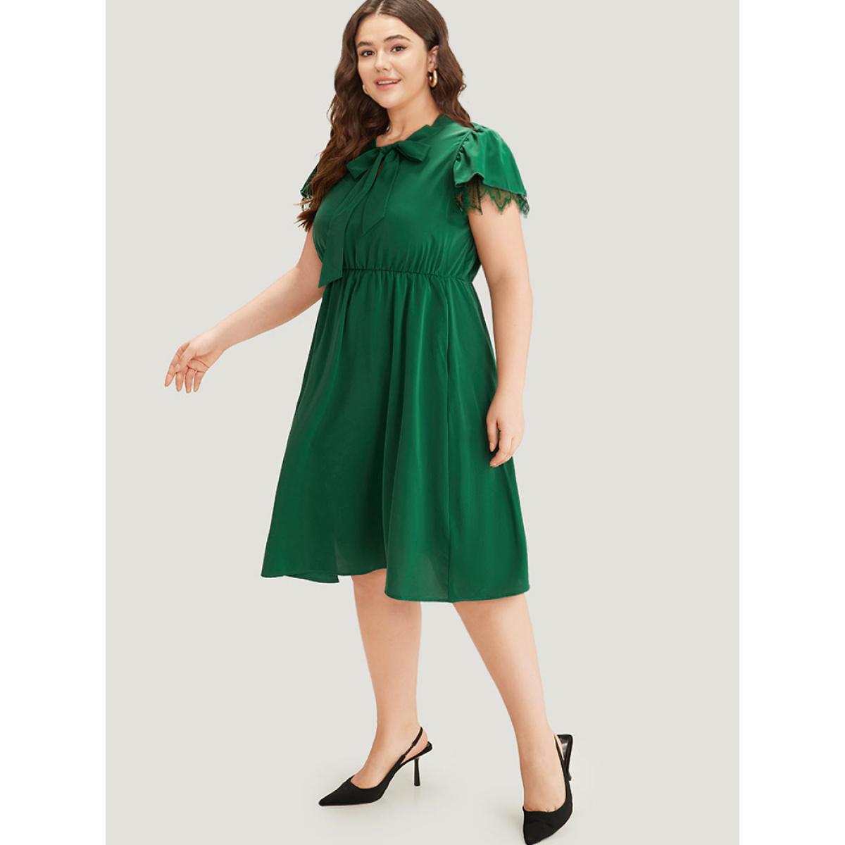 Plus Size Solid Knot Neck Pocket Eyelet Lace Dress Green Women Office Plain Tie Neck Sleeveless Curvy Midi Dress BloomChic 22-24/3X Product Image