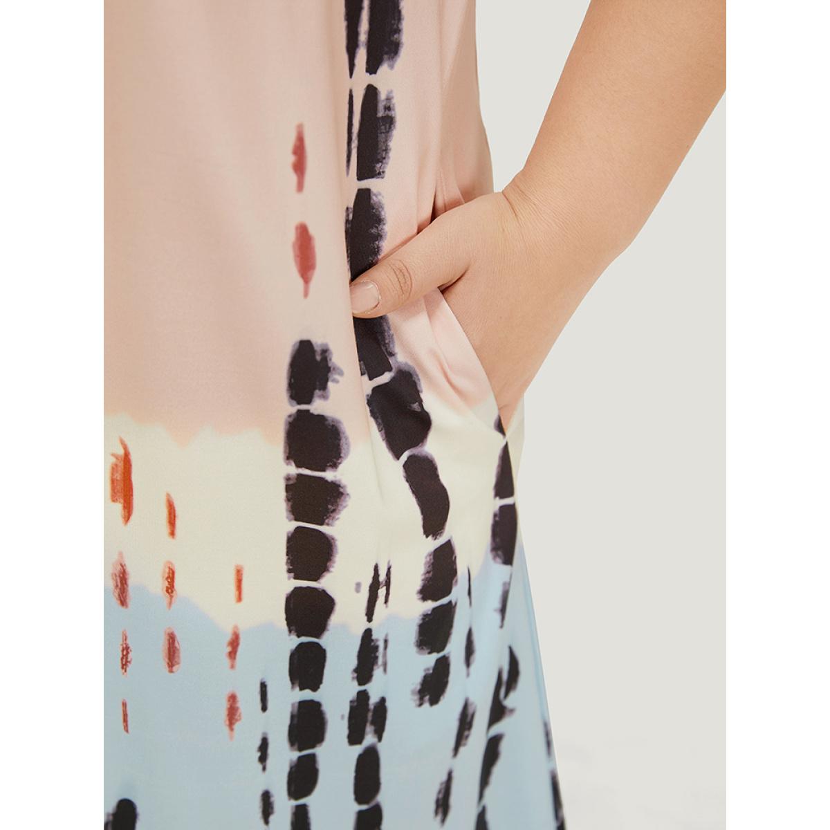 Plus Size Tie Dye Crew Neck Pocket Color Block Contrast Dress Multicolor Women Vacation Contrast Round Neck Short sleeve Curvy Midi Dress BloomChic 14-16/1X Product Image