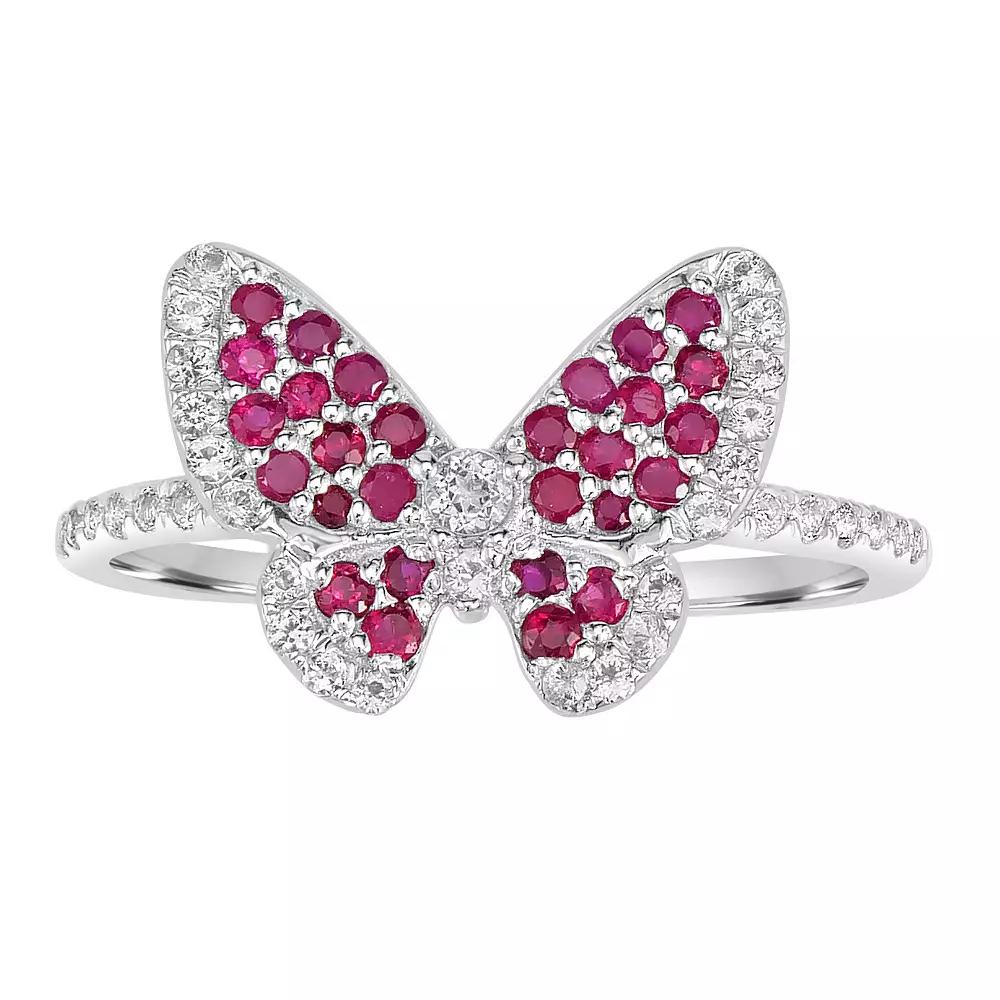 Gemistry 14k White Gold Gemstone & White Topaz Butterfly Stretch Ring, Women's, Size: 7, Green Product Image