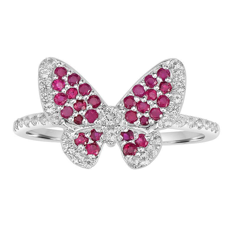 Gemistry 14k White Gold Gemstone & White Topaz Butterfly Stretch Ring, Women's, Size: 7, Green Product Image