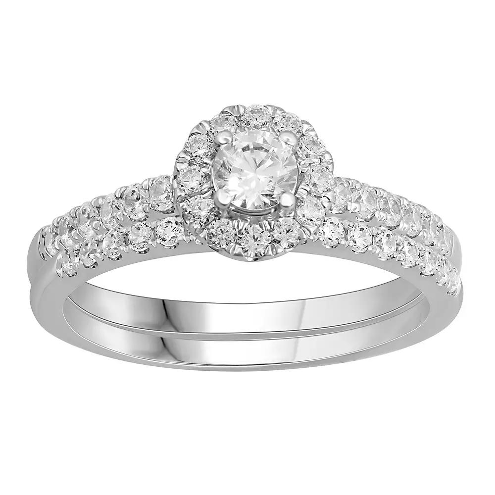Platinum 1 Carat T.W. Diamond Halo Engagement Ring Set, Women's, Size: 6, White Product Image