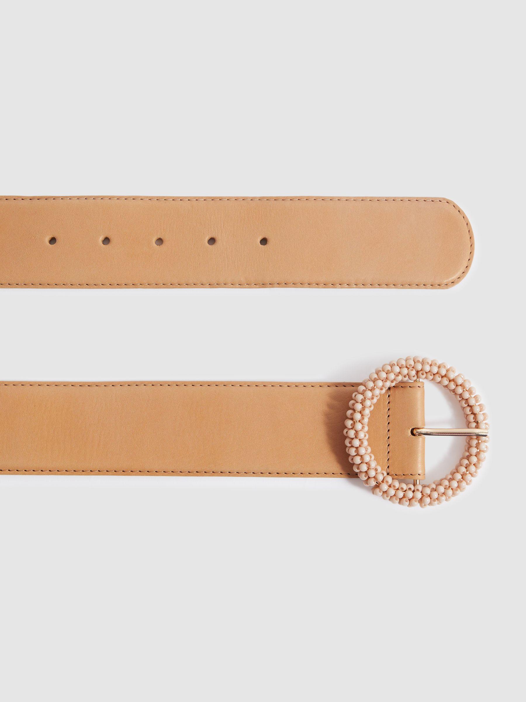 Leather Beaded Buckle Belt in Tan Product Image