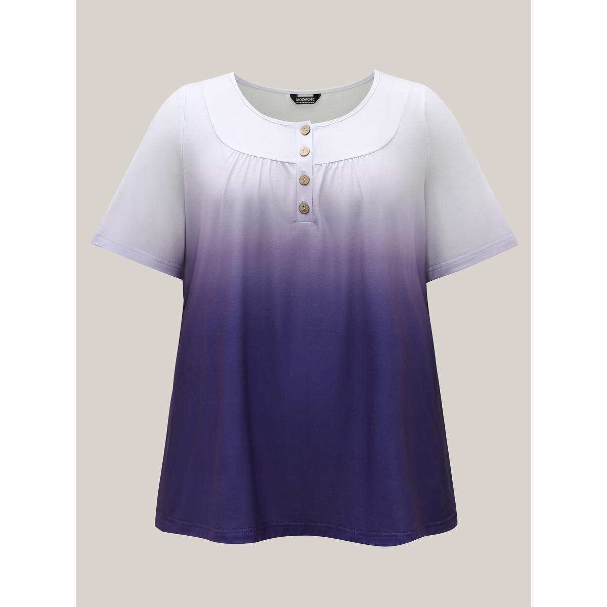 Plus Size Gradient Pleated Button-Front T-Shirt Deeppurple Women Casual Gathered Round Neck Everyday T-shirts BloomChic 14-16/1X Product Image