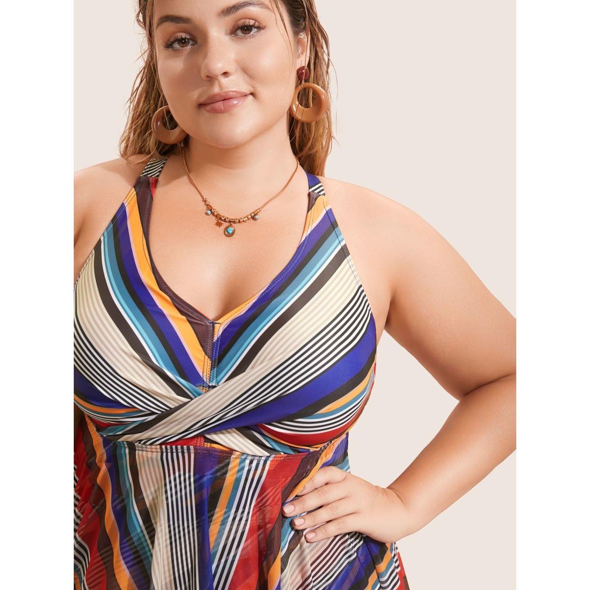 Plus Size Color Stripes Twist Hanky Hem Swim Dress Women's Swimwear Multicolor Beach Bodycon V-neck High stretch Curve Swim Dresses BloomChic 26/4X Product Image