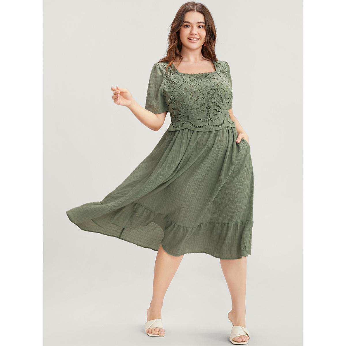 Plus Size Solid Square Neck Pocket Lace Ruffles Hem Dress Mint Women Elegant Elastic Waist Square Neck Short sleeve Curvy Midi Dress BloomChic 22-24/3X Product Image