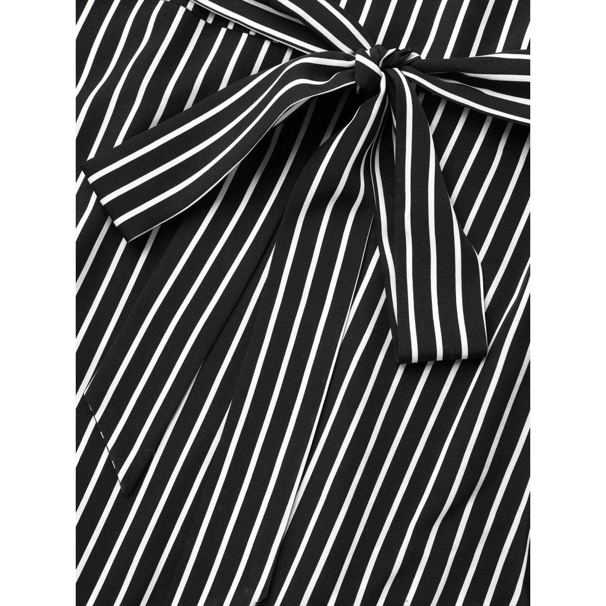 Plus Size Striped Belted Notched Collar Midi Dress Black Women At the Office Belted Flat collar with V-notch Elbow-length sleeve Curvy BloomChic 28/5X Product Image