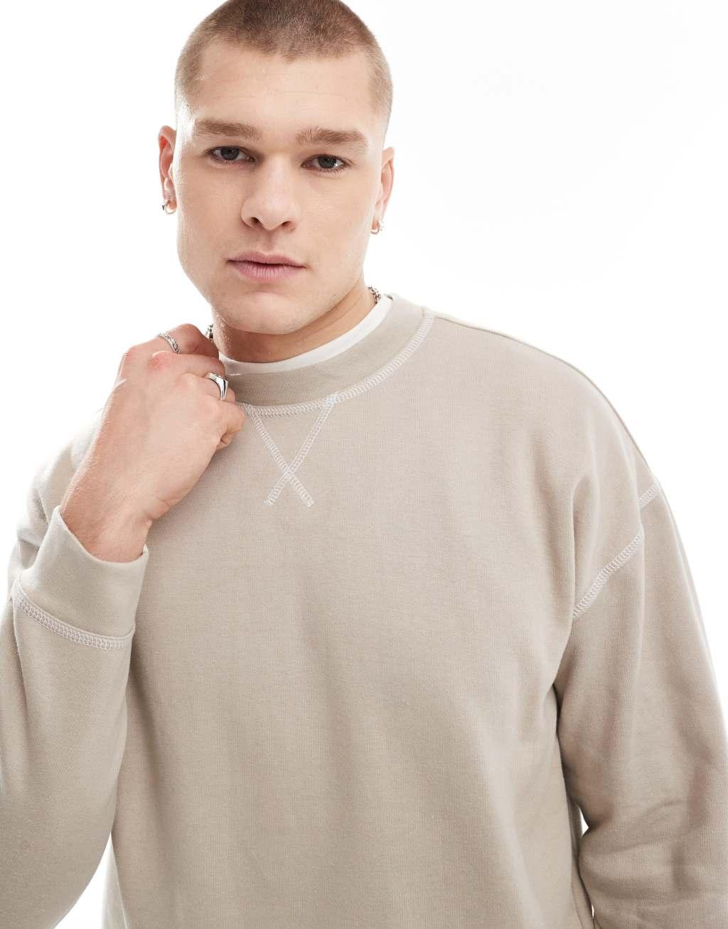 Another Influence contrast stitch crewneck sweater in stone Product Image