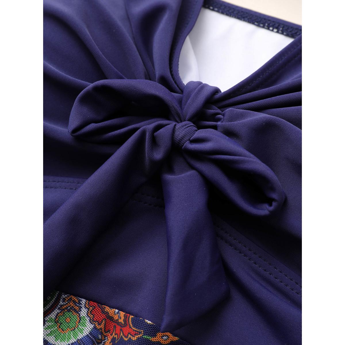 Plus Size Patchwork Ruched Knot Asymmetrical Hem Swim Dress Women's Swimwear Indigo Beach Bodycon Heart neckline High stretch Curve Swim Dresses BloomChic 28/5X Product Image