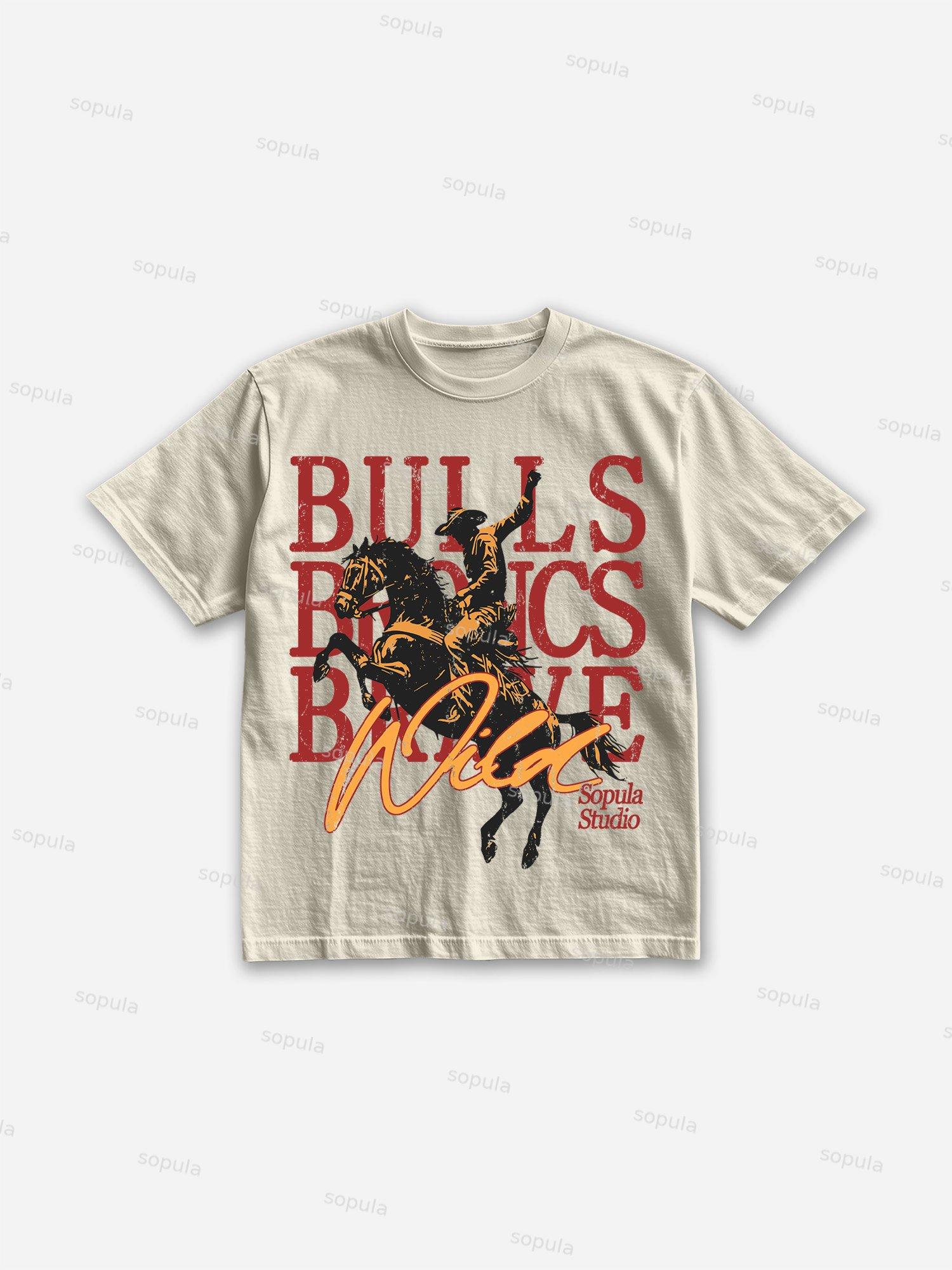 Cowboy Rodeo Bulls Broncs Brave Print Cotton T-shirt Product Image