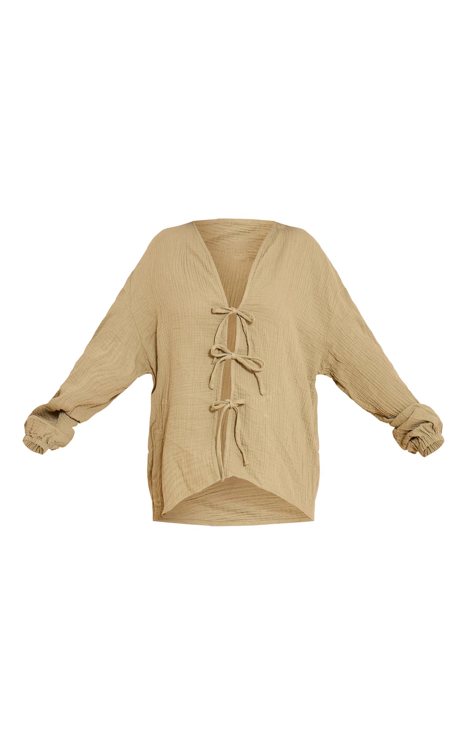 Khaki Cheesecloth Textured Tie Front Shirt Product Image