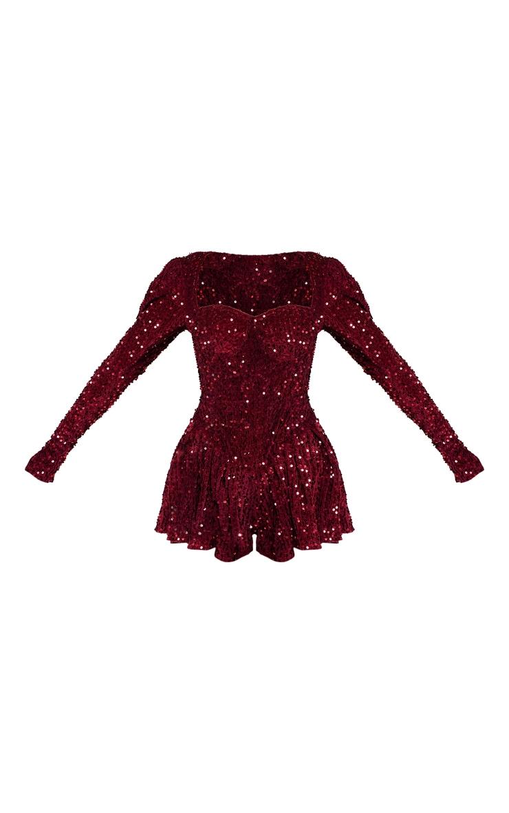 Burgundy Sequin Cup Detail Long Sleeve Skater Romper Product Image