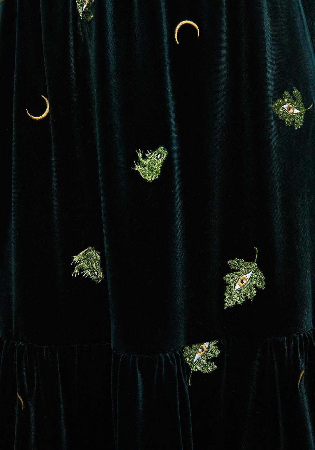 Swamplife Frog Embroidered Velour Tiered Midi Dress Product Image