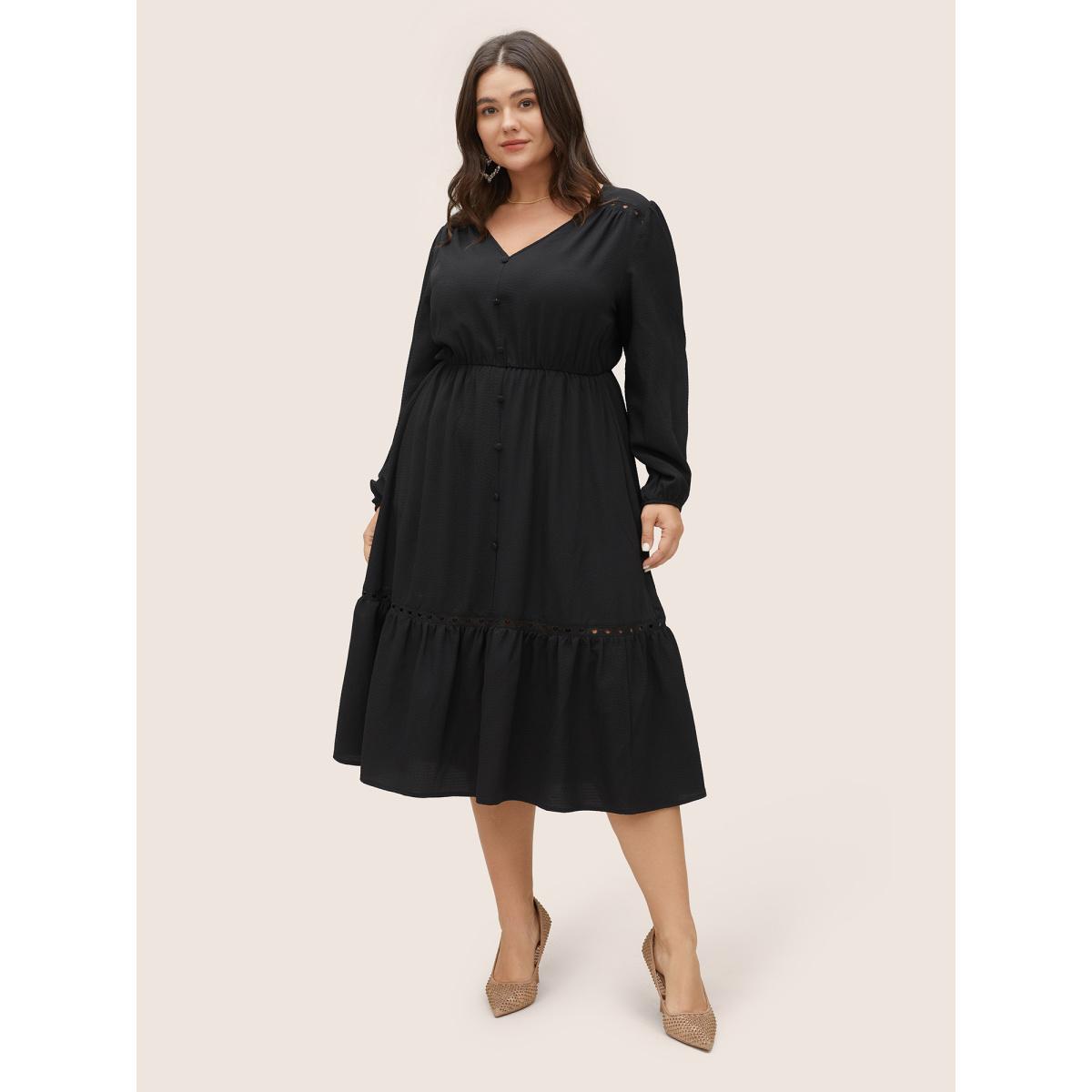 Plus Size Hollow Out Lantern Sleeve Flutter Layered Hem Dress Black Women At the Office Non V-neck Long Sleeve Curvy Midi Dress BloomChic 10/M Product Image
