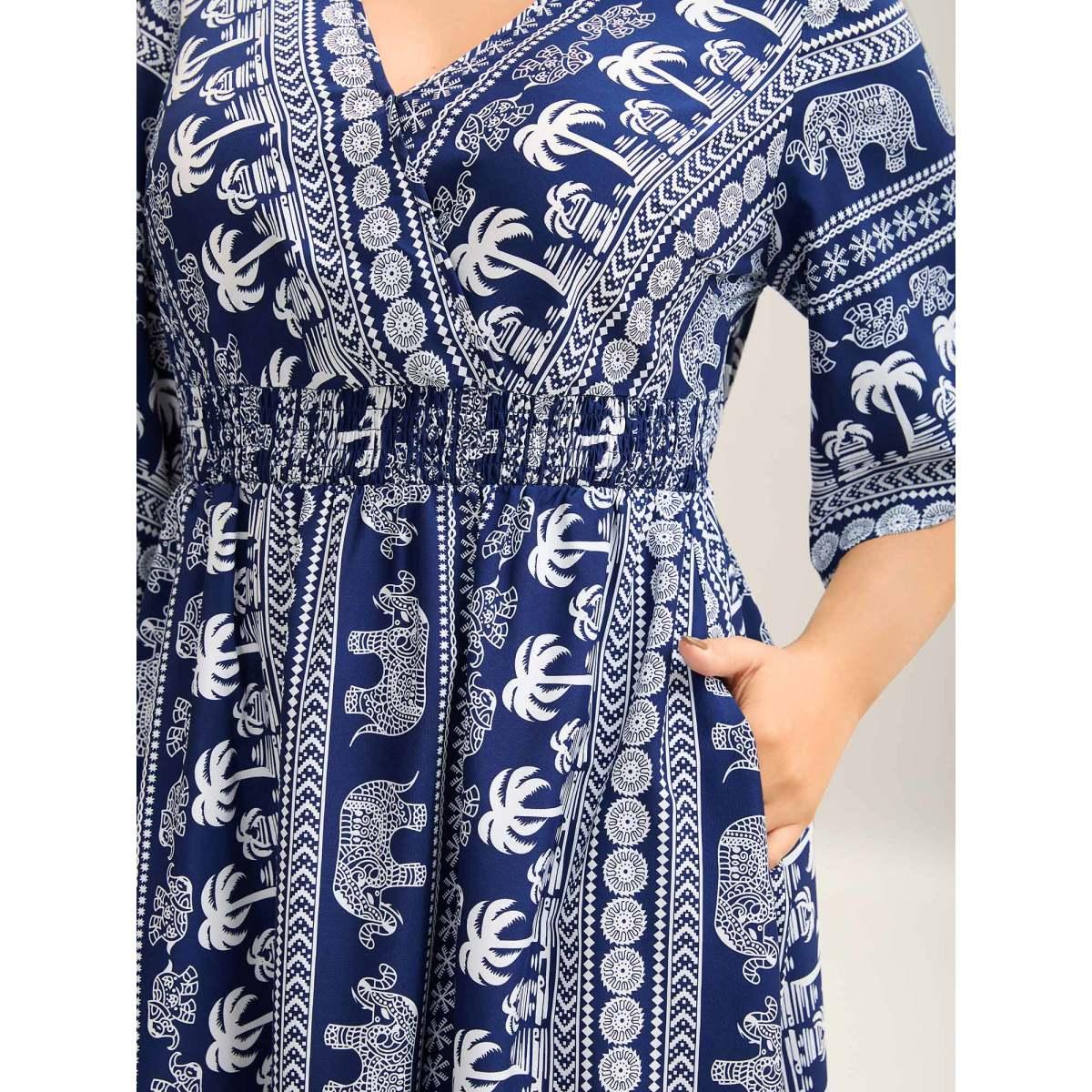 Plus Size Resort Ready Print Shirred Waist Maxi Dress DarkBlue Women Overlap Collar Half Sleeve Curvy BloomChic 22-24/3X Product Image