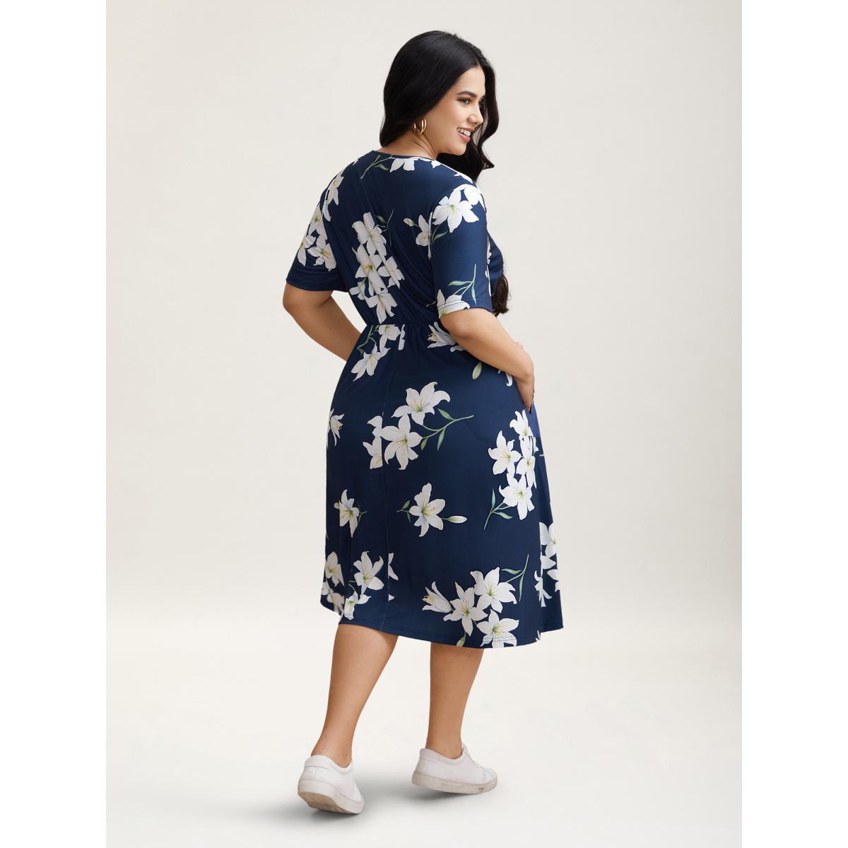 Plus Size Floral Surplice Neck Pleated Midi Dress Navy Women Casual Gathered Overlap Collar Short sleeve Curvy BloomChic 26/4X Product Image