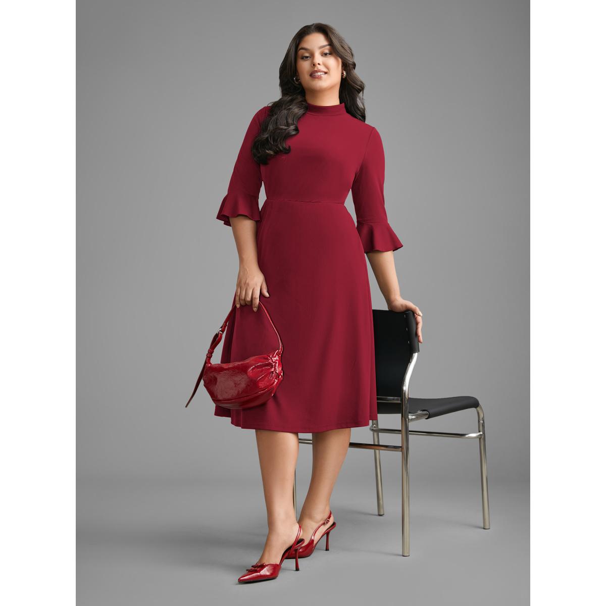Plus Size Mock Neck Flutter Sleeve Knit Dress Scarlet Women At the Office Ruffles Knit Dresses Bloomchic 28/5X Product Image