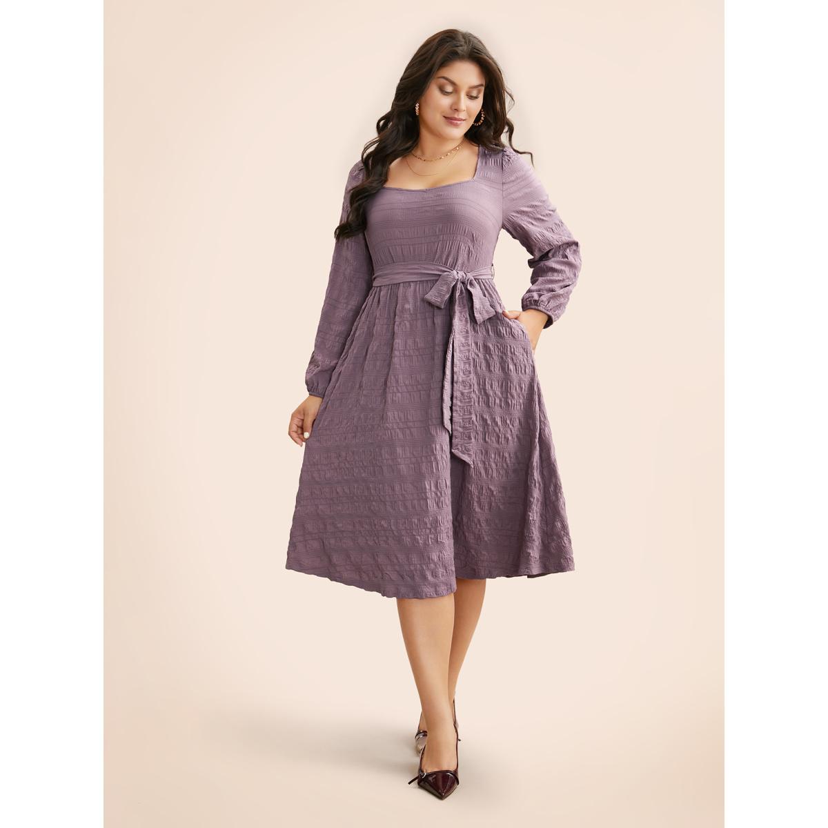 Plus Size Square Neck Plain Textured Belted Dress Mauve Women Elegant Texture Square Neck Long Sleeve Curvy BloomChic 12/L Product Image