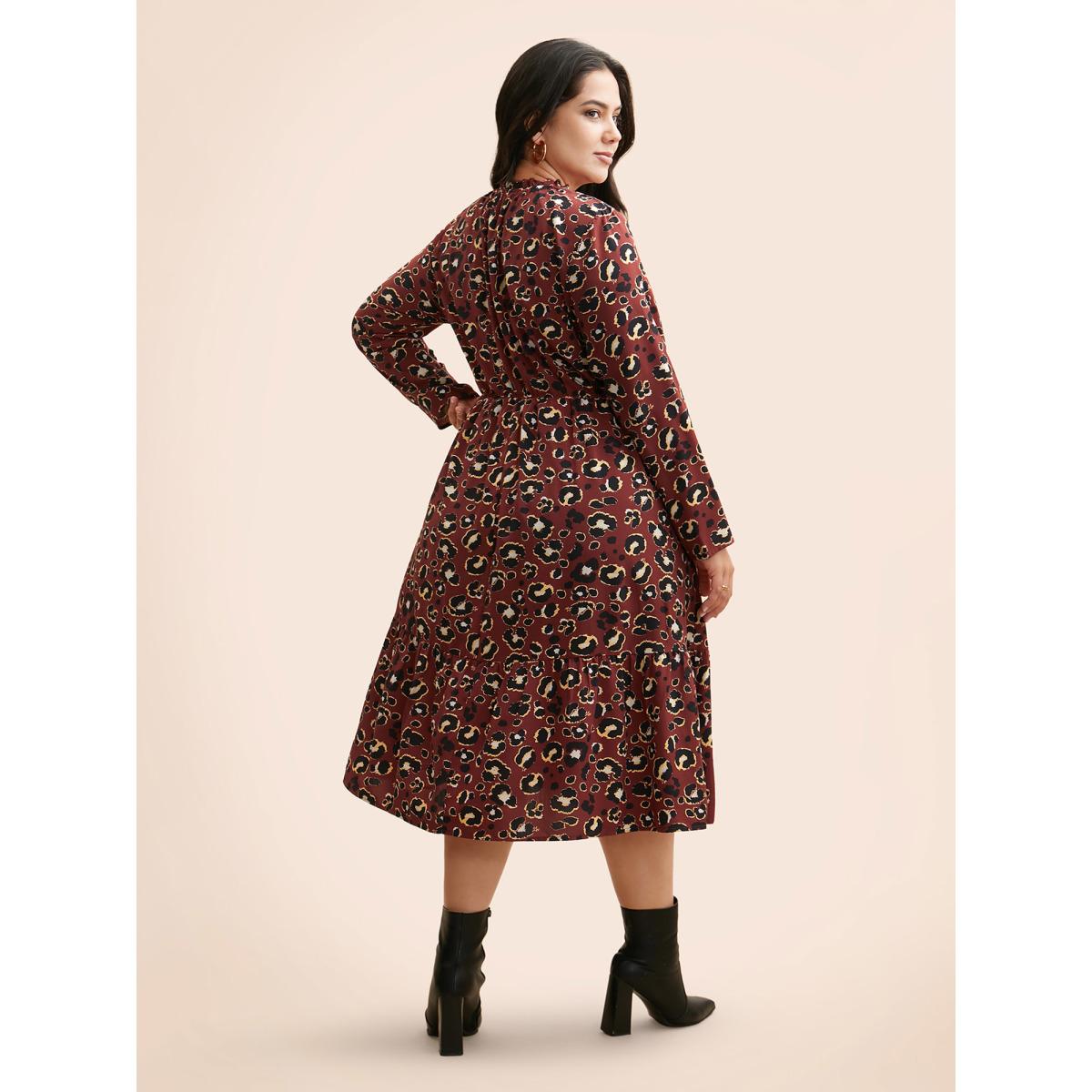 Plus Size Leopard Print Mock Neck Frill Trim Dress Russet Women Elegant Frill Trim Mock Neck Long Sleeve Curvy BloomChic 22-24/3X Product Image
