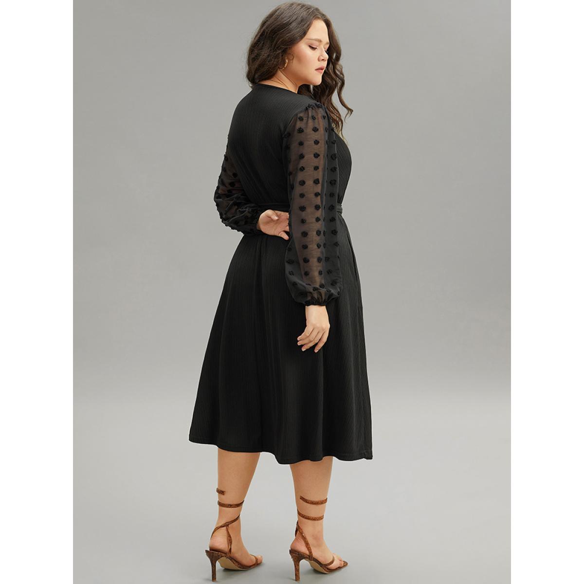 Plus Size Polka Dot Chiffon Mesh Patchwork Wrap Dress Black Women Elegant Elastic cuffs Overlap Collar Long Sleeve Curvy Midi Dress BloomChic 18-20/2X Product Image