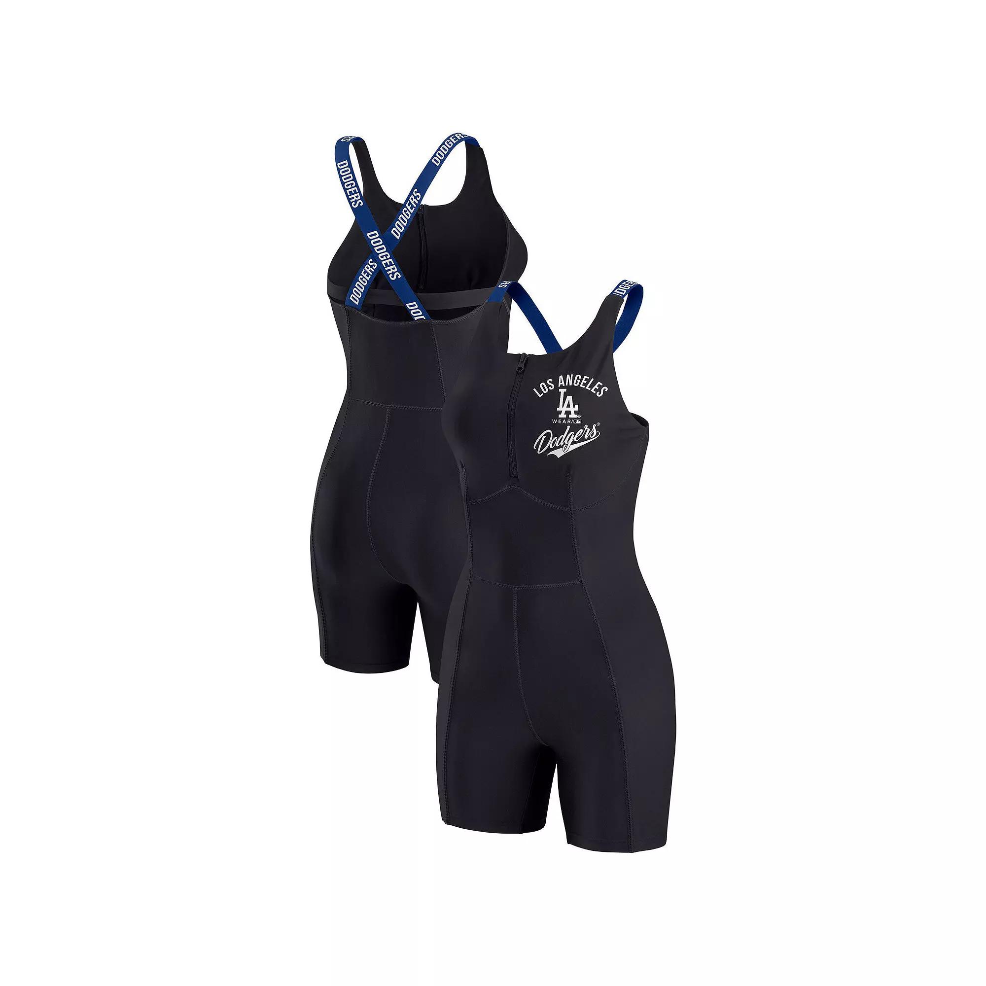 Women's WEAR by Erin Andrews  Black Los Angeles Dodgers Bodycon Quarter-Zip Romper, Size: XS Product Image