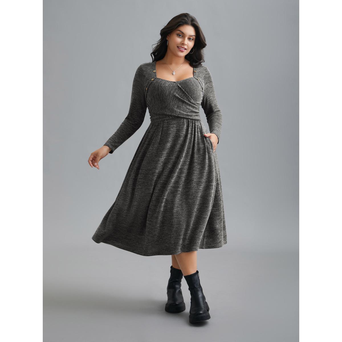 Plus Size Heart Neckline Button Detailing Crossover Fit Dress DimGray Women Casual Gathered Knit Dresses Bloomchic 22-24/3X Product Image