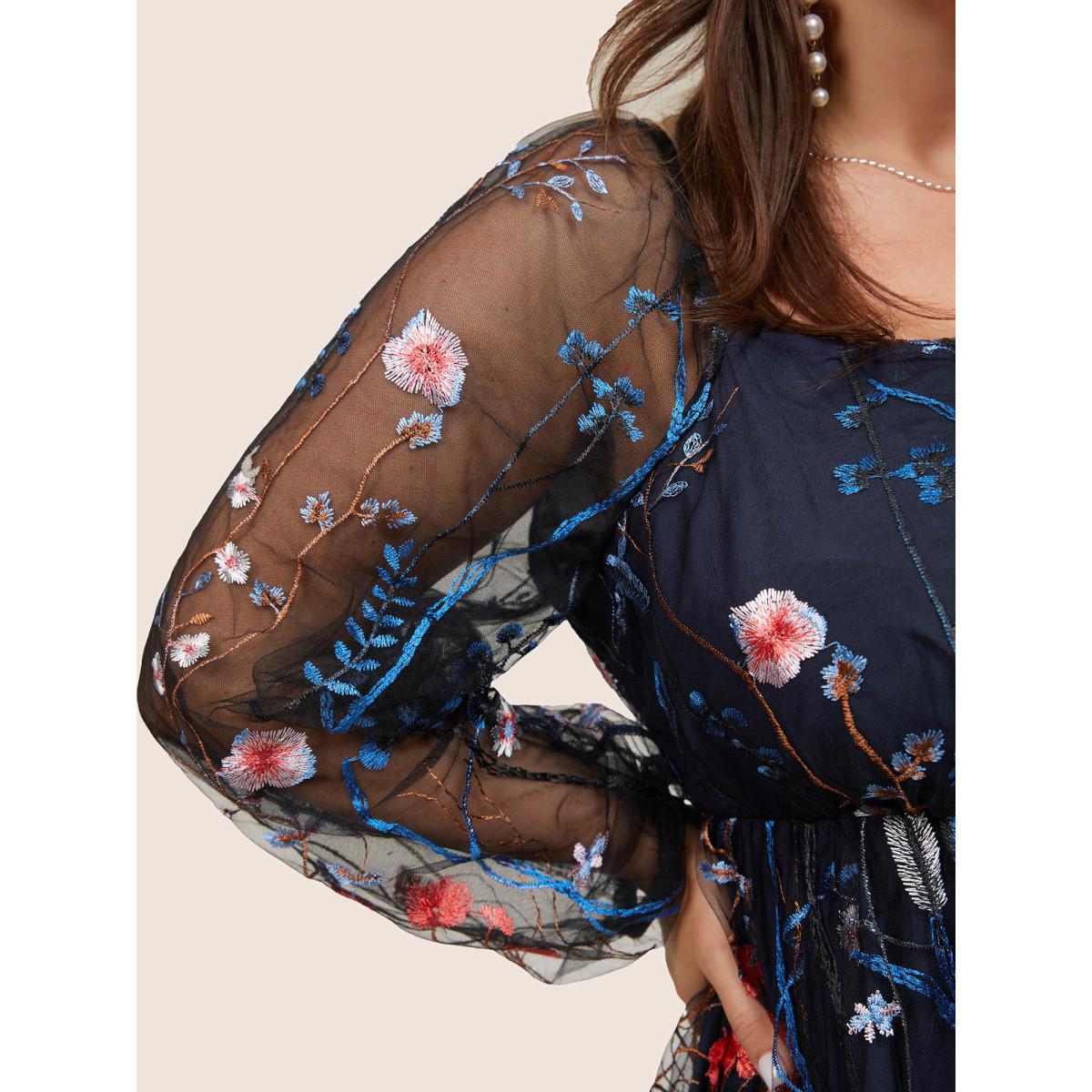 Plus Size Square Neck Embroidered Lace Mesh Lantern Sleeve Dress Navy Women Formal Elastic cuffs Square Neck Long Sleeve Curvy Midi Dress BloomChic 12/L Product Image