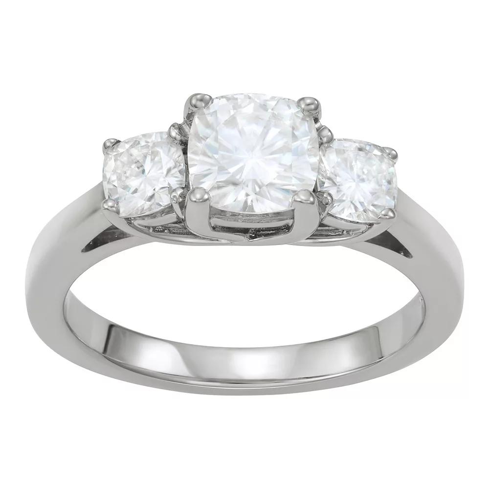Charles & Colvard 14k White Gold 1 3/4 Carat T.W. Lab-Created Moissanite Cushion Three Stone Ring, Women's, Size: 9 Product Image