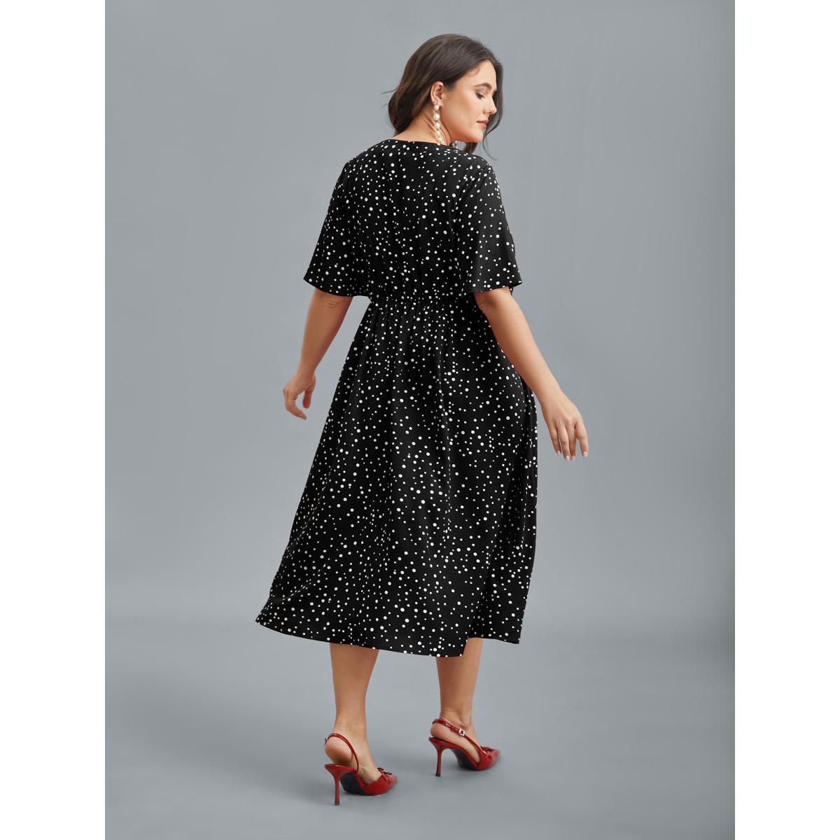 Plus Size Polka Dots Print Cut-Out Flutter Sleeve Midi Dress Black Women Elegant Pleated Round Neck Short sleeve Curvy BloomChic 26/4X Product Image