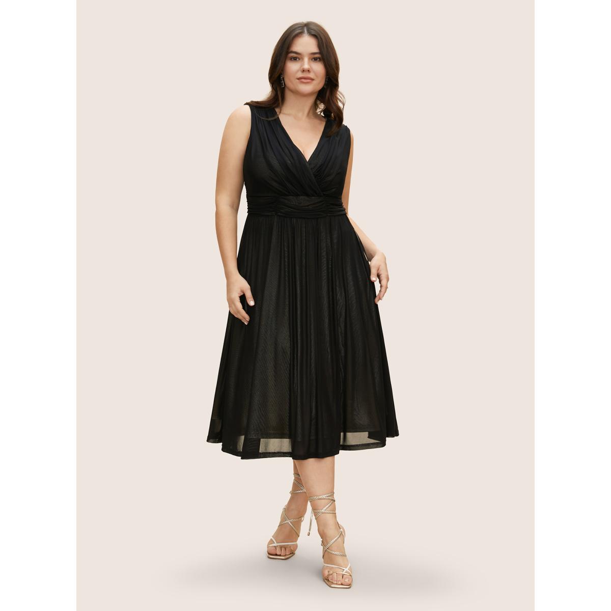 Plus Size Solid Mesh Ruched Midi Tank Dress Black Women Cocktail V-neck Sleeveless Curvy BloomChic 28/5X Product Image