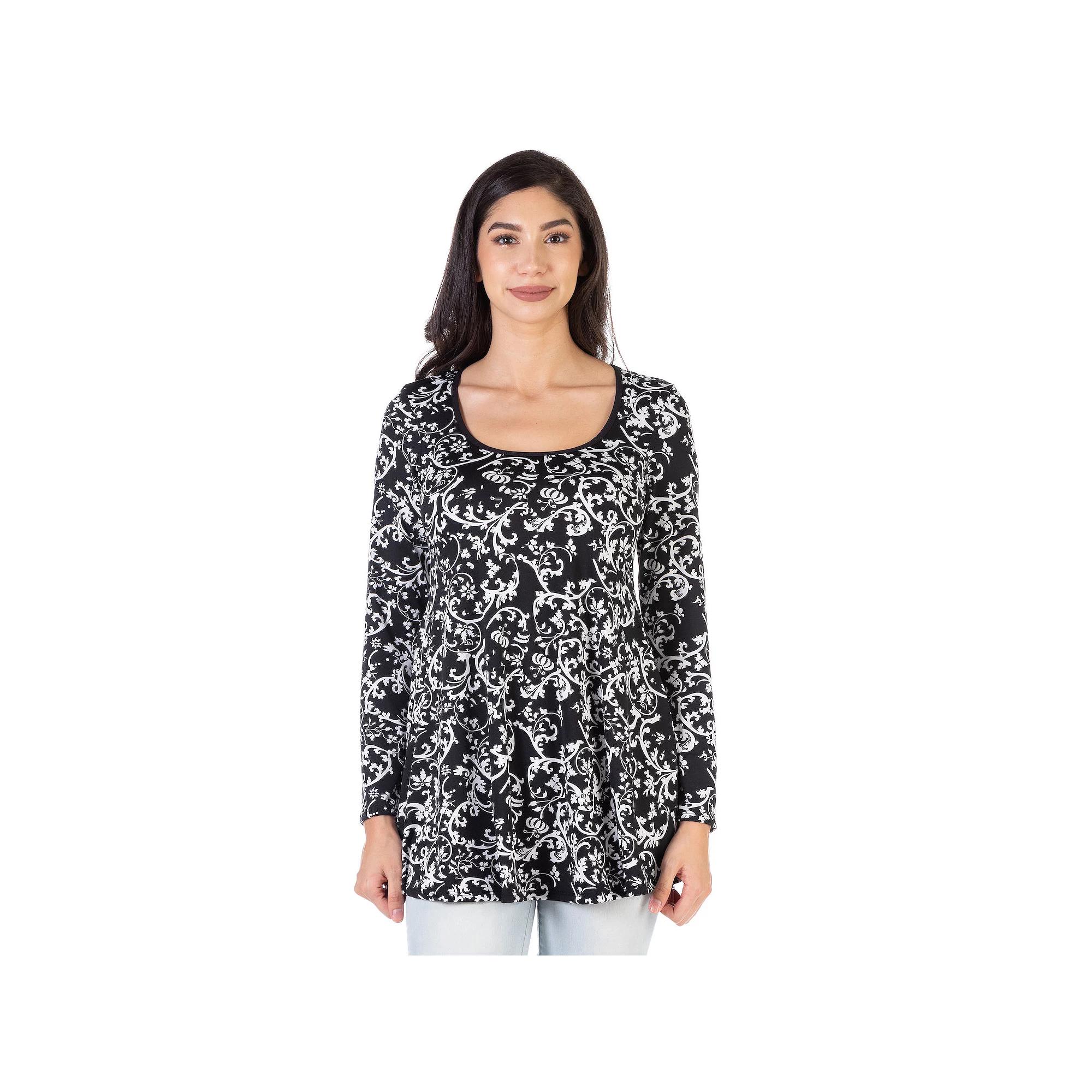 Women's 24Seven Comfort Apparel Floral Black Long Sleeve Tunic Top, Size: Small, Black Team Product Image