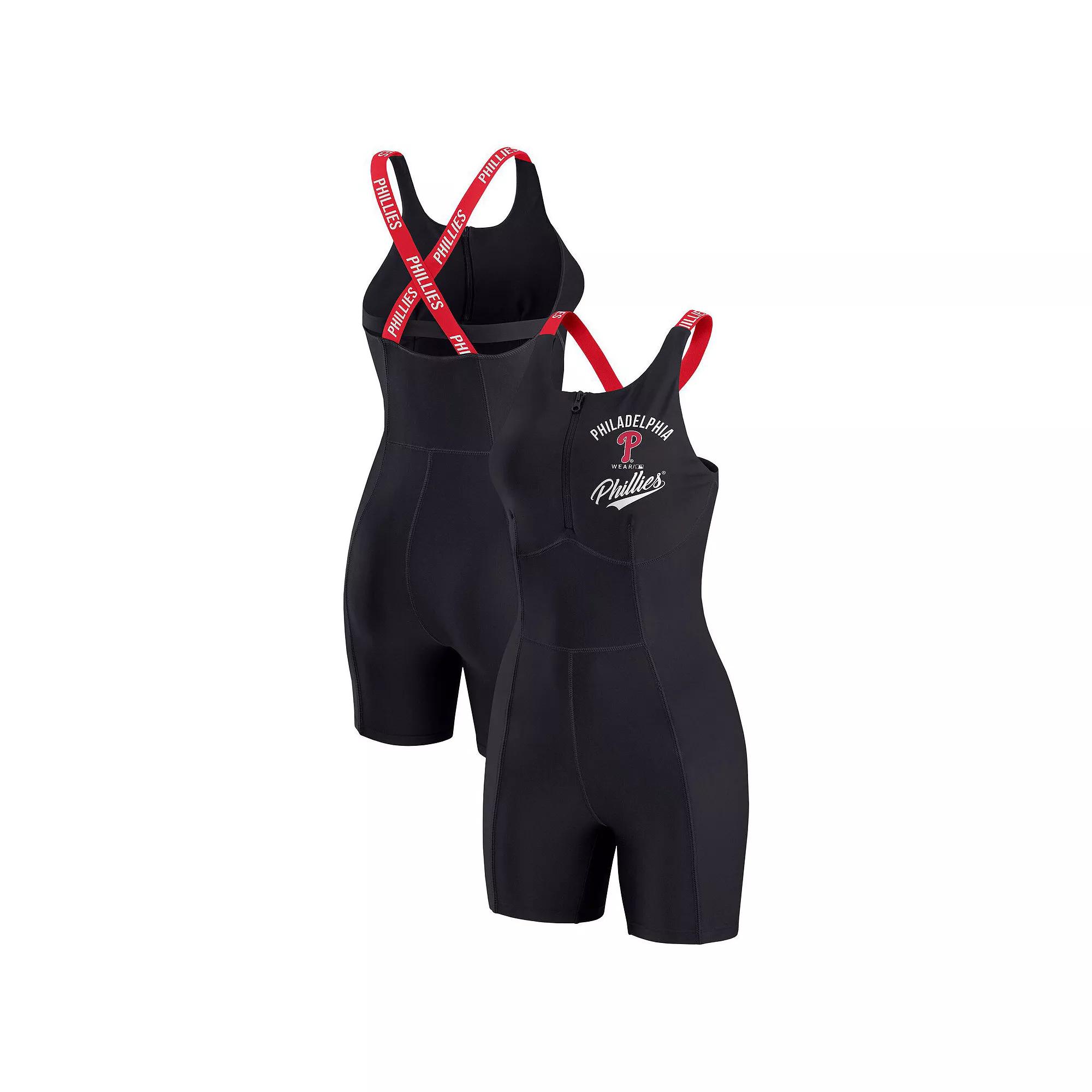 Women's WEAR by Erin Andrews  Black Philadelphia Phillies Bodycon Quarter-Zip Romper, Size: Medium Product Image